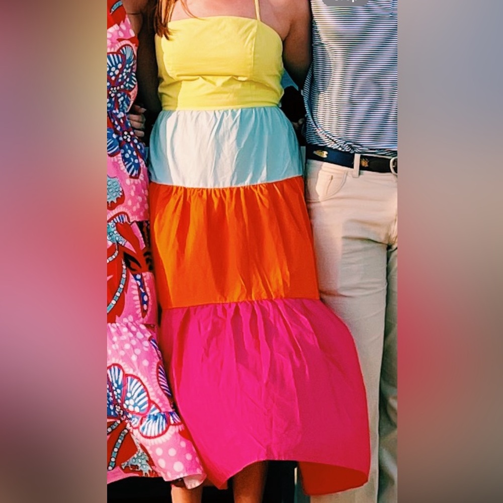 Aakaa Yellow, blue, pink, and orange  Ruffled Tiered Maxi Sundress